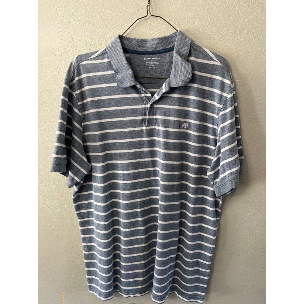BANANA REPUBLIC Polo Shirt Striped Preppy Men XL Blue White Cotton Short Sleeve